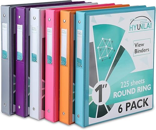 1 Inch 3 Ring Binder, HYUNLAI 1” Round-Ring View Presentation View Binders, Holds Up to 8.5″11″ Paper,Customizable Clear Cover,for Home,Office,and School Supply,6 Pack