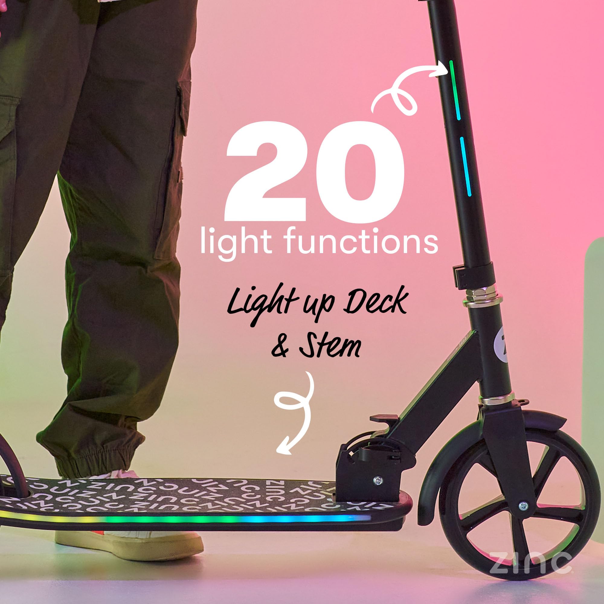 Zinc Big Wheeled Light Up Brillz hulajnoga – podświetlana tarcza, podświetlana nóżka, 20 różnych funkcji oświetlenia, lekka, składana, regulowana wysokość, przednie i tylne błotniki, 8+, nośność do 75