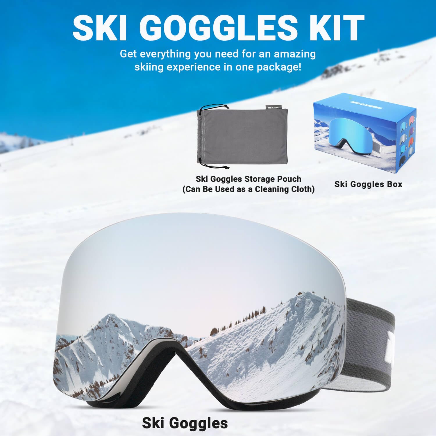 Meeloog Lunettes de ski magnétiques sans monture interchangeables, protection UV, équipement de snowboard pour homme, femme, adolescent