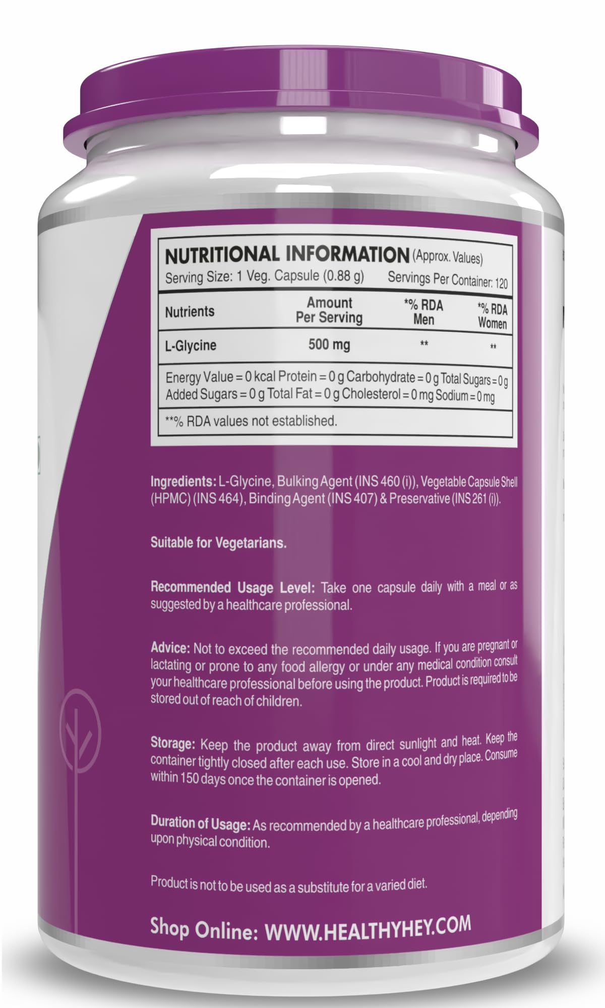 HealthyHey Nutrition L- Glycine - 500 mg - Support Brain and Sleep Health - 120 Veg. Capsules 4