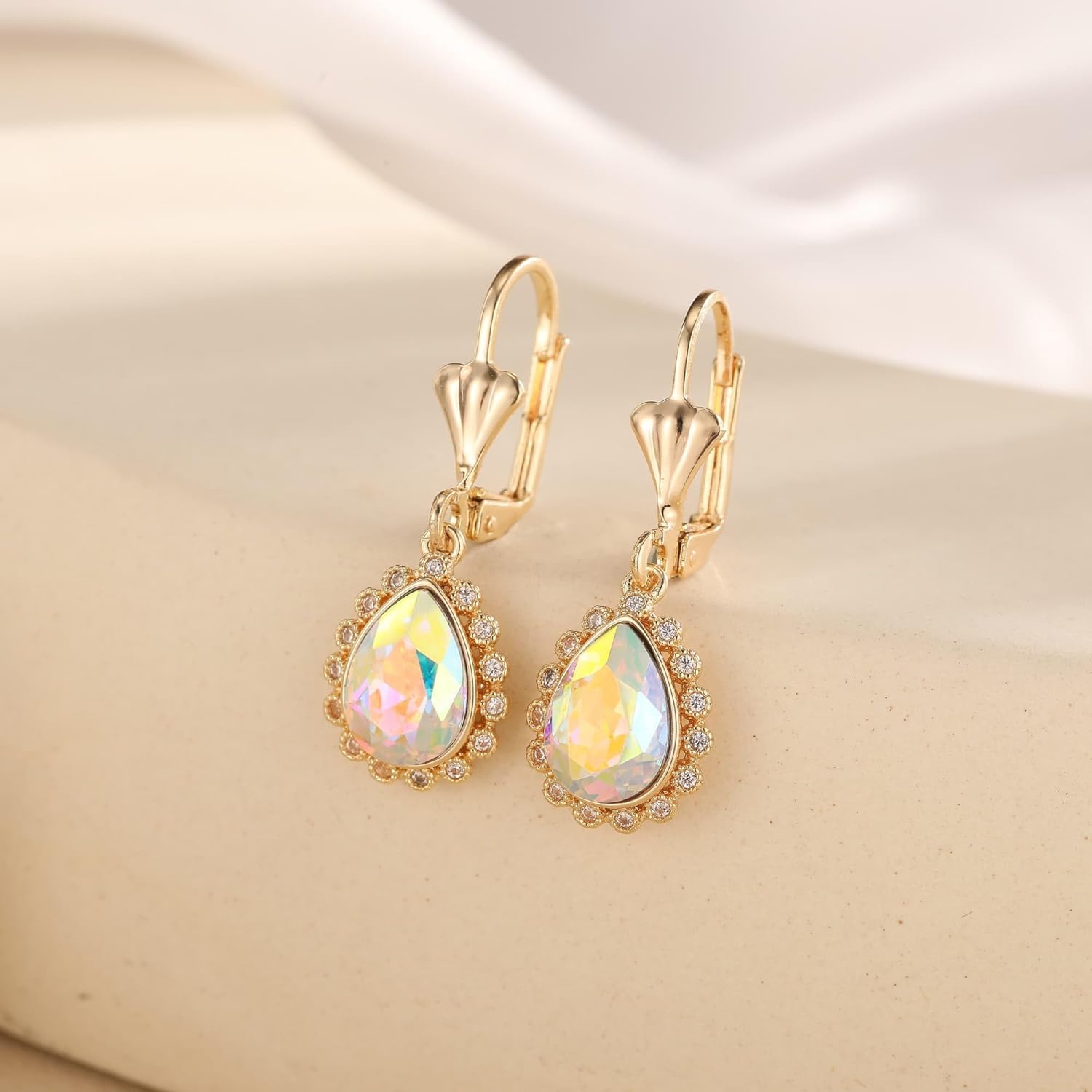 EVEVIC Austrian Crystal Teardrop Leverback Earrings for Women 14K Gold Plated Halo Dangle Drop Earring Jewelry Gifts - Image 3