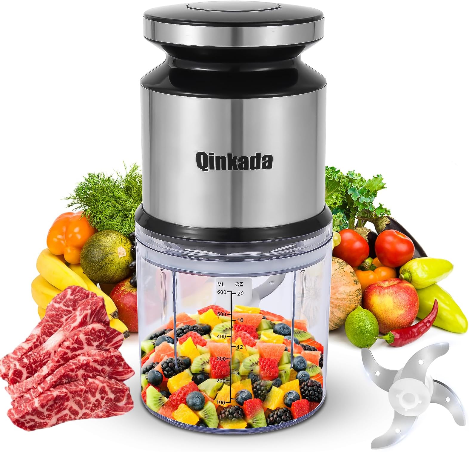 Qinkada Mini Food Processor 2.5 Cups/600ml Electric 400W Fruit Vegetable Meat Puree Baby Food (Silver)