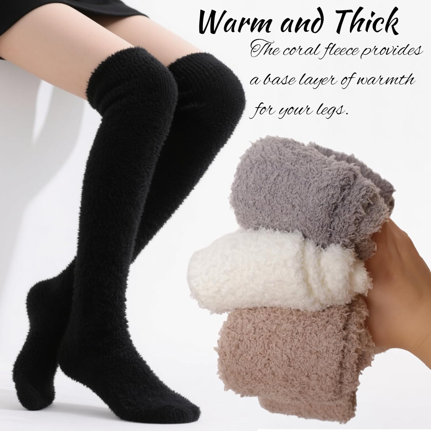 4/6 Pairs Women Knee High Fuzzy Socks Soft Cozy Long Thigh High Warm Stockings Slipper Plush Fleece Sock - Image 4