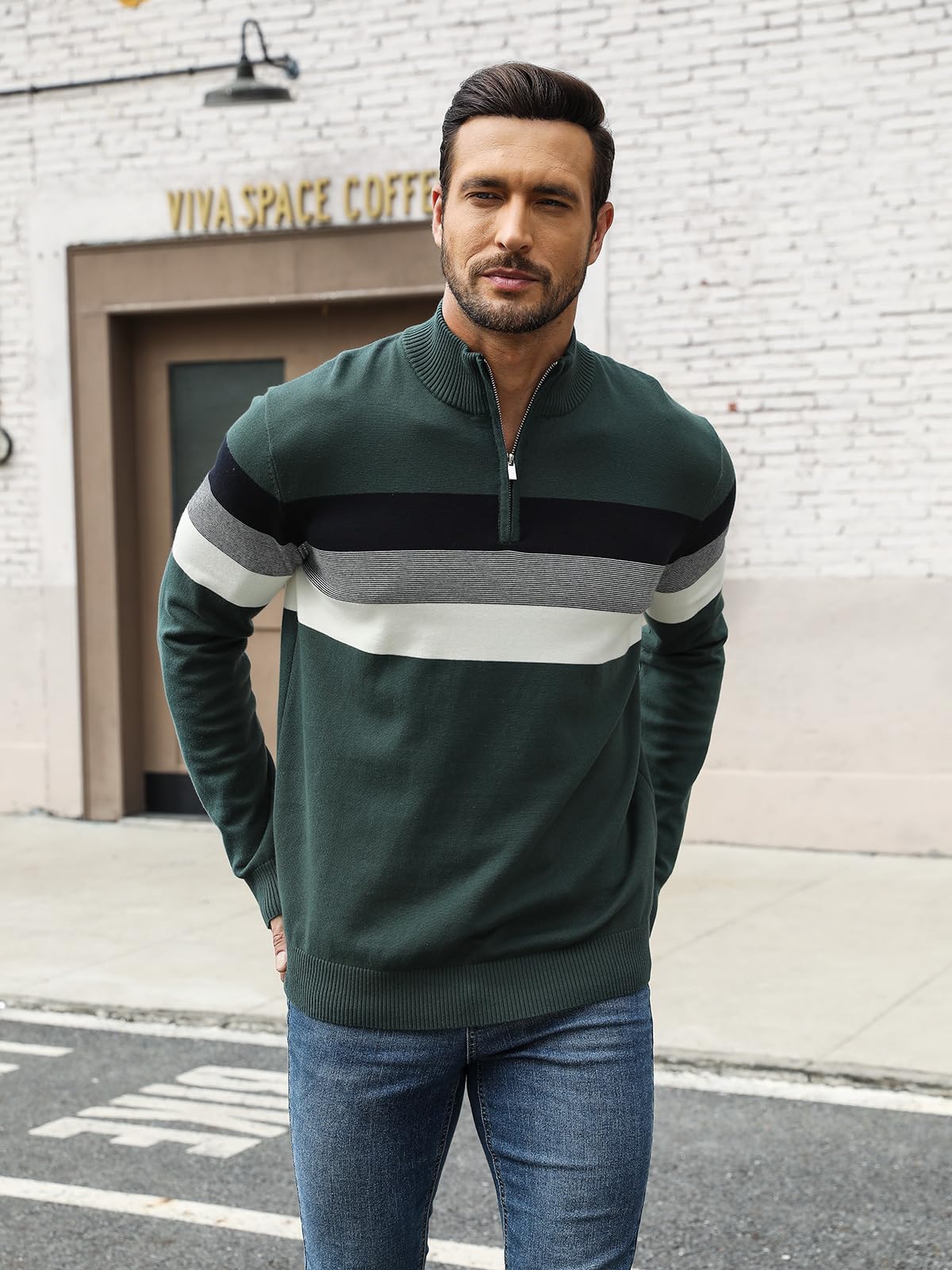Superora Maglione a Righe da Uomo 100% Cotone Invernale Pullover Manica Lunga Collo Alto con 1/4 Zip