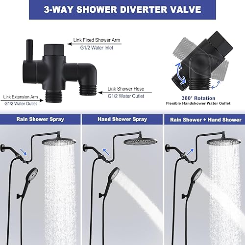 Cabezal de ducha tipo lluvia de 10 pulgadas con combo de mano, brazo de extensión de 12 pulgadas de altura ajustable, rociador de alta presión de 3