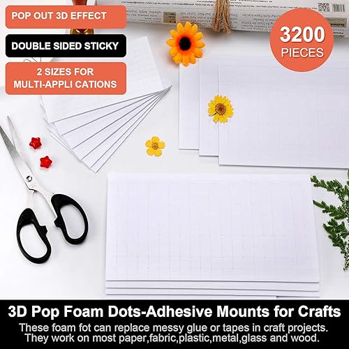 Vista 6 de Zonon 3200 piezas de cinta cuadrada de espuma de doble cara para manualidades, 2 tamaños, hoja de puntos de espuma adhesiva, 0.24 pulgadas y 0.4