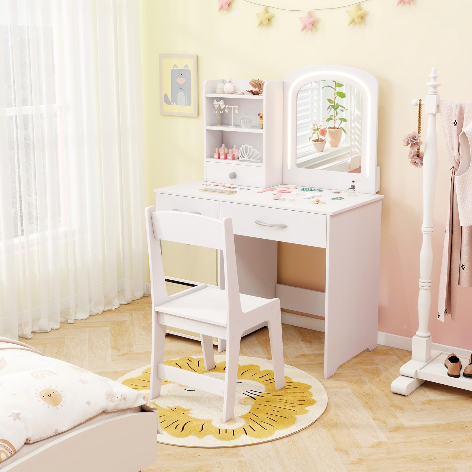 COSTWAY Coiffeuse Enfant Fille avec Chaise & Miroir Lumineux, Bureau Enfant Fille avec 3 Étagères & 3 Tiroirs & 2 Bacs en Tissu, Dispositif Anti-basculement, Charge 50/75kg pour Enfant de 3 Ans+