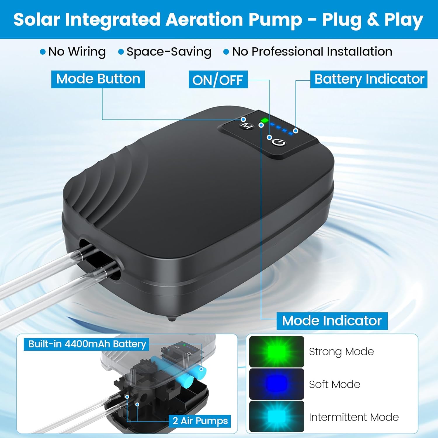 NFESOLAR 8W Solar Pond Aerator with 4400mAh Battery Backup, All-in-One Solar Air Pump, 24/7 Continuous Oxygenation, Quiet Operation, 3 Modes Bubbler, Portable for Small Ponds & Fish Tanks