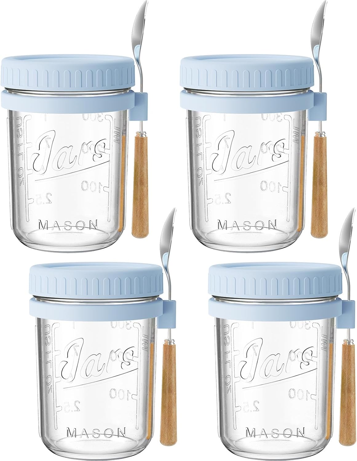 16oz Glass Overnight Oats Containers with Lids and Spoons, 4 Pack Blue