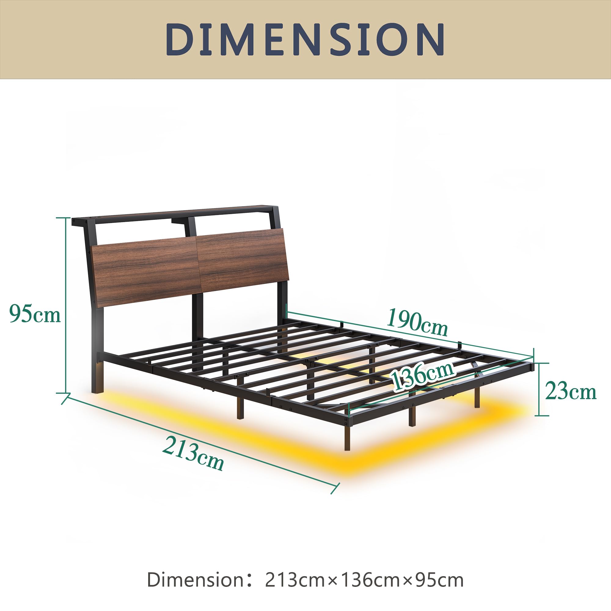 HOJINLINERO Struttura letto matrimoniale galleggiante, 135 x 190 cm, con luci LED e stazione di ricarica, struttura letto matrimoniale in metallo con testiera in legno, supporto a doghe in acciaio