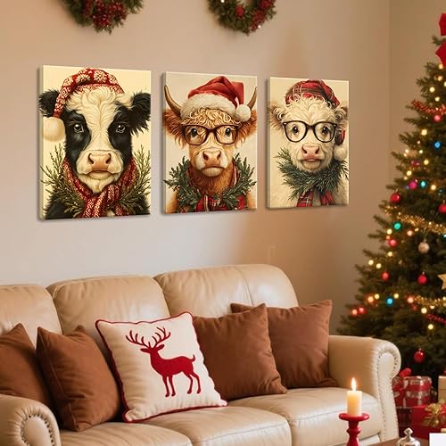 Miniatura 4 de Juego de 3 lienzos de pared de Navidad, imágenes únicas de vaca de las tierras altas, decoración de Navidad, decoración del hogar de vacaciones de
