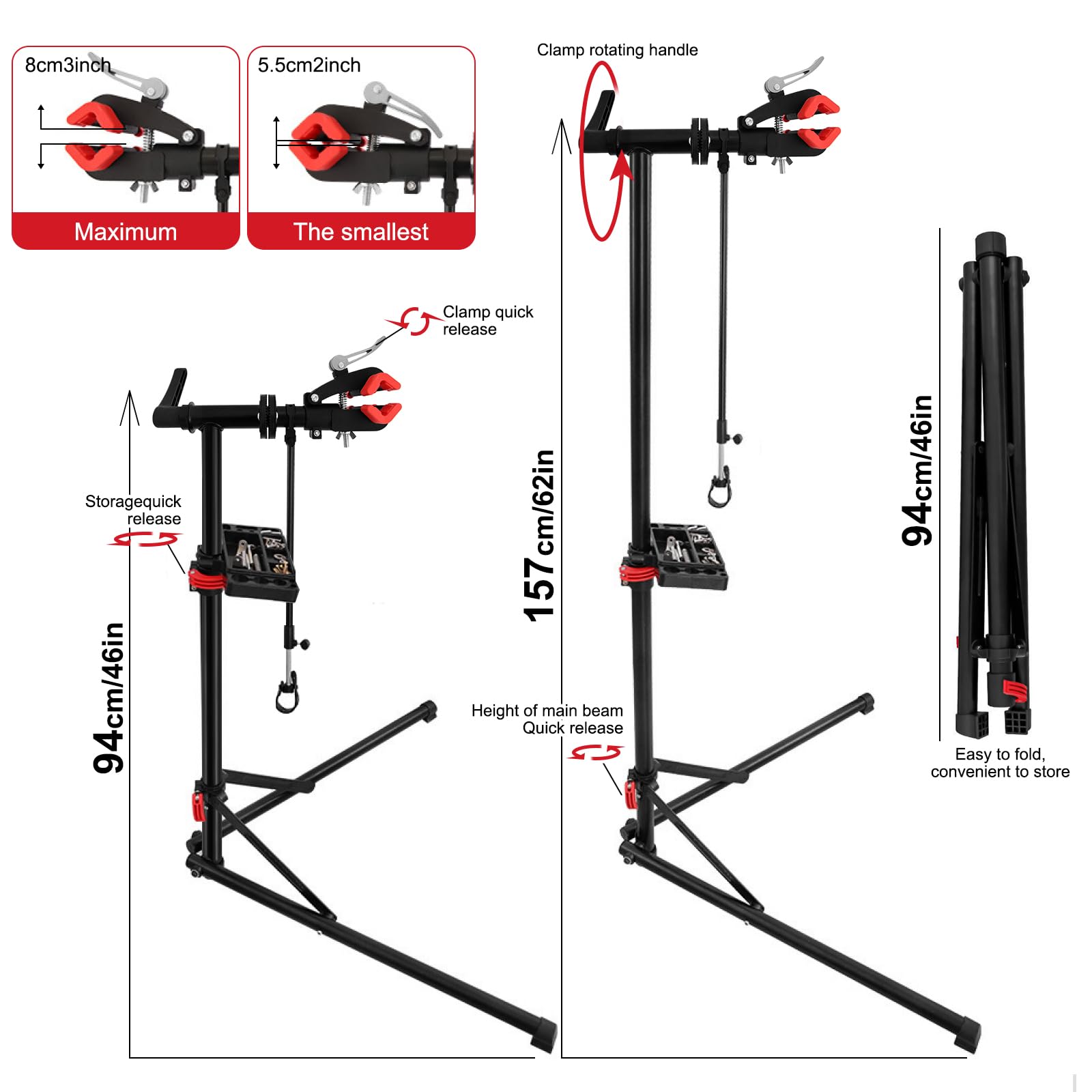 Soporte de reparación de bicicletas resistente con bandeja magnética para herramientas y guantes, estante plegable de mantenimiento de bicicletas de 50 kg con abrazadera giratoria de 360°