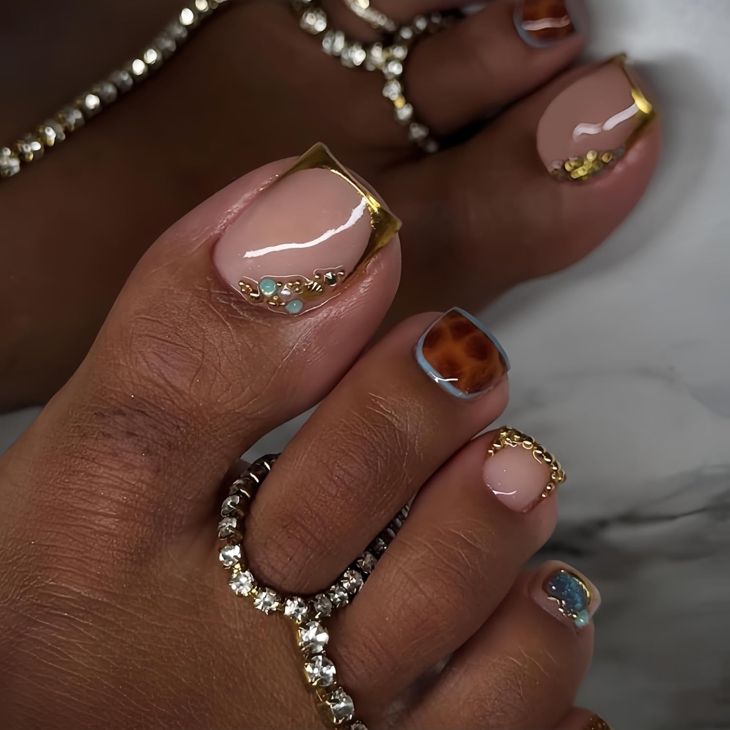 Gold French Tip Press On Toenails - Leopard Print Design
