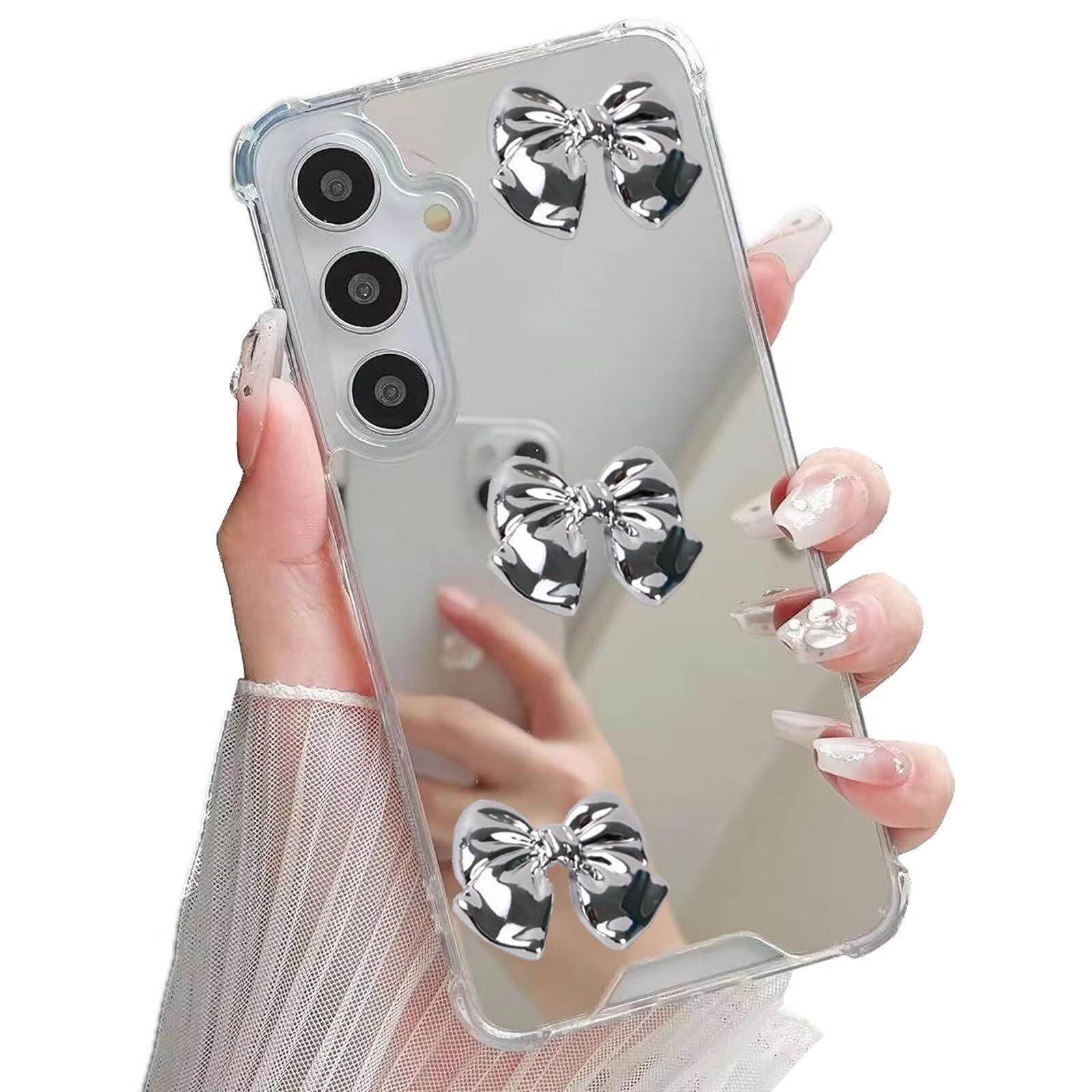 Miagon Mirror Case for Samsung Galaxy S24 FE,Makeup Senior Cute Chrome 3D Heart Mirror Reflection Four Corner Shockproof Back Bumper Rubber Phone Cover for Girls Women