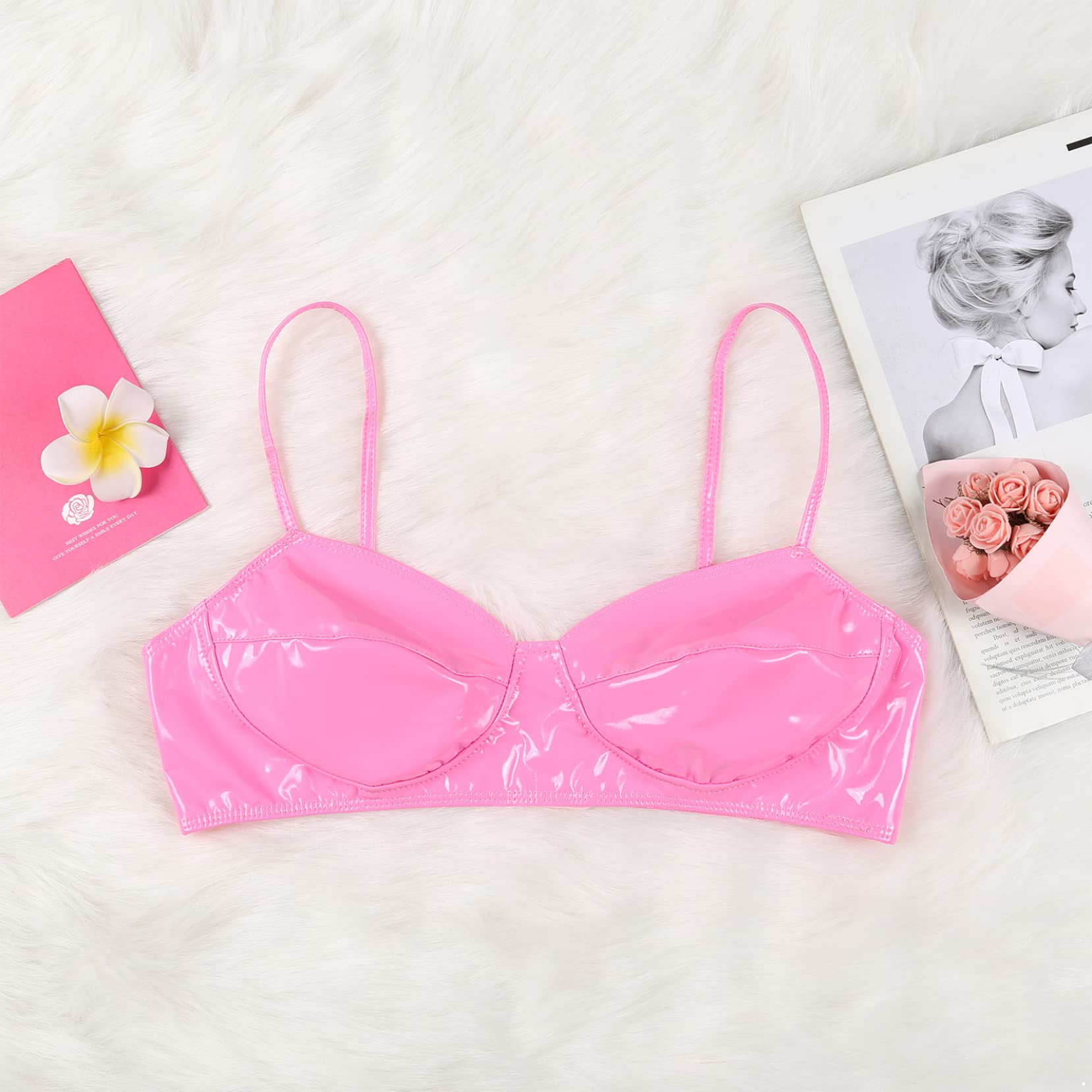 Yartina Women's Patent Leather Wet Look Bra Top Wireless Bralette Crop Top Lingerie Party Clubwear: Small Pink