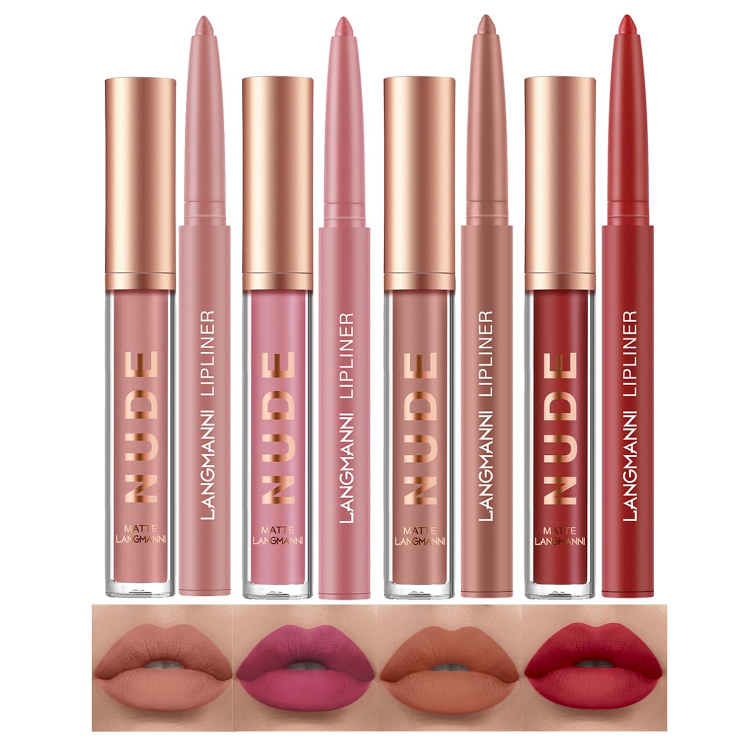 LANGMANNI 4pcs Matte Lipstick with Lipliners Durable Makeup Set,Long-Lasting Non-Stick Cup Not Fade Waterproof Pigmented Velvet Lipgloss Kit Beauty Cosmetics Makeup Gift for Girls(#9101112)