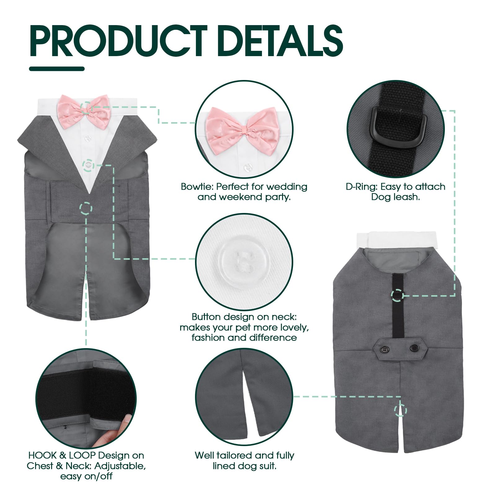 Kuoser Costume de Smoking pour Chien de Petite et Moyenne Taille, Chemise pour Chiot avec Nœud Papillon Rose Amovible, Chien Costume Formel pour Fête de Mariage Festival