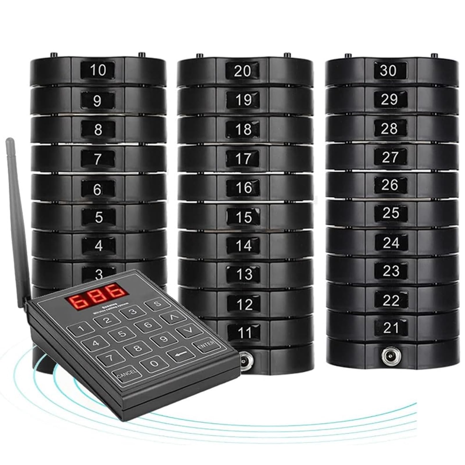 Sistema di cercapersone wireless per ospiti, portata 500 m, 10/20/30 cercapersone, 3 modalità di allarme, gestione delle code per ristoranti, bar, cliniche, aree ristorazione