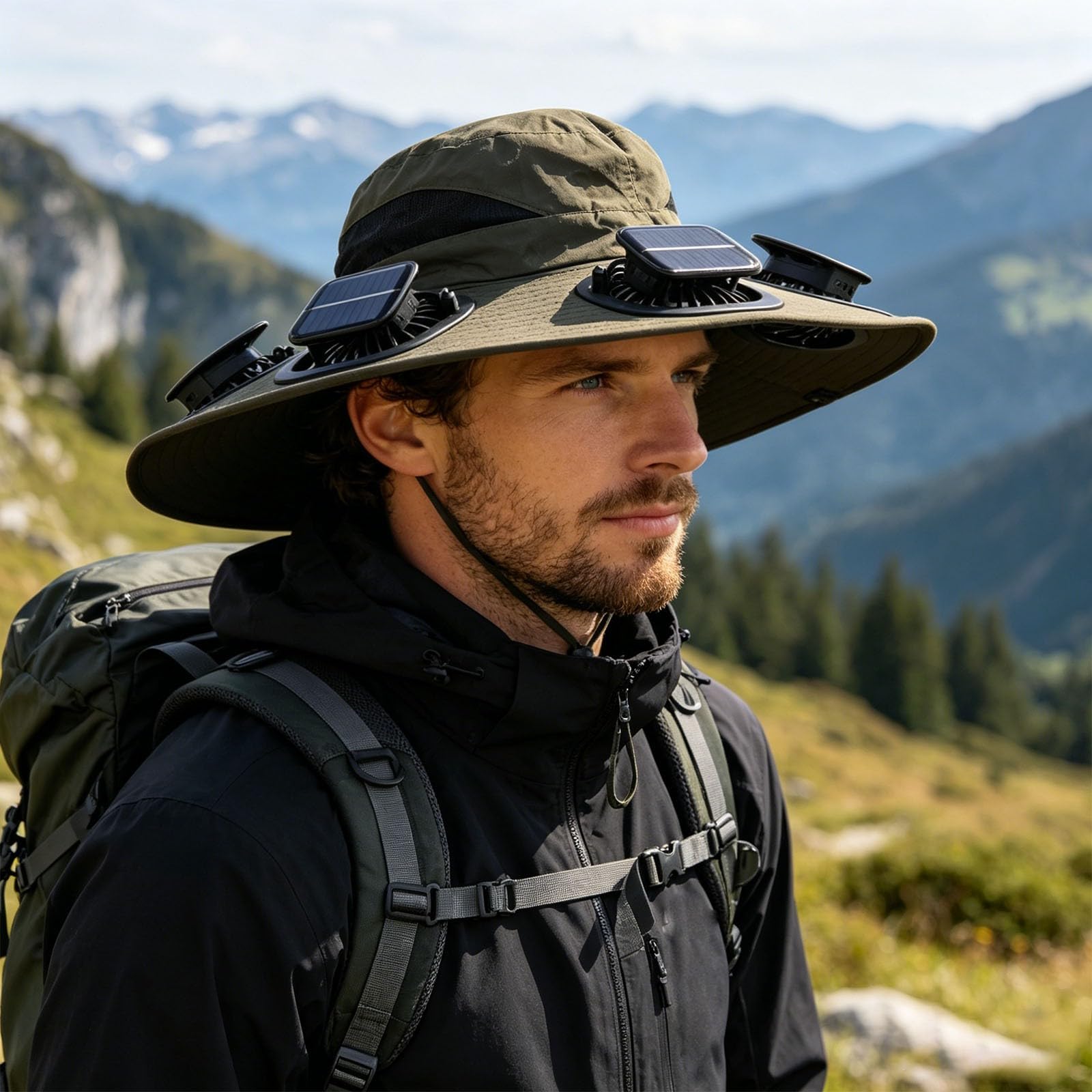 Chapeau de Soleil à Larges Bords pour l'extérieur, modèle 2026, avec 2 Ventilateurs solaires Amovibles et Protection UPF 50+. Idéal pour la randonnée et la Plage.