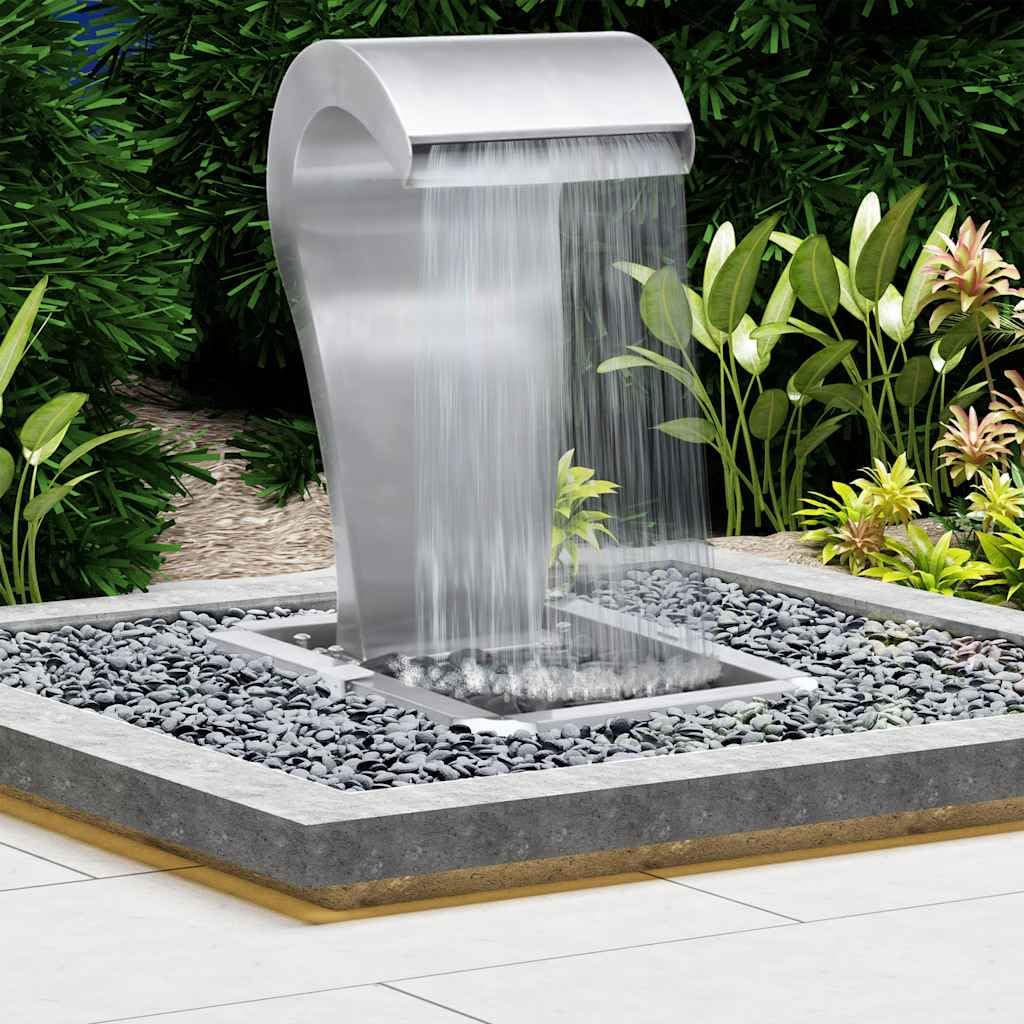 Fontana da giardino a cascata in acciaio inox, colore argento, 34 x 49 x 82 cm, con pompa, luce a LED, luce bianca calda, cascata per giardino, terrazza, laghetto, esterno, Feng Shui