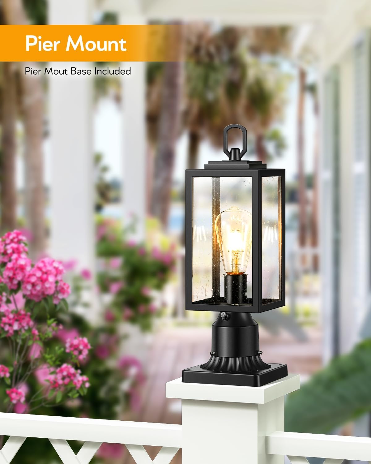 VIANIS Dusk to Dawn Outdoor Post Lighting Hardwired 120V, Exterior Lamp Post Light Fixture 3 inch Pier Mount Base, Anti-Rust Modern Black Outdoor Lantern Pole Lights for Garden Yard Patio Pathway