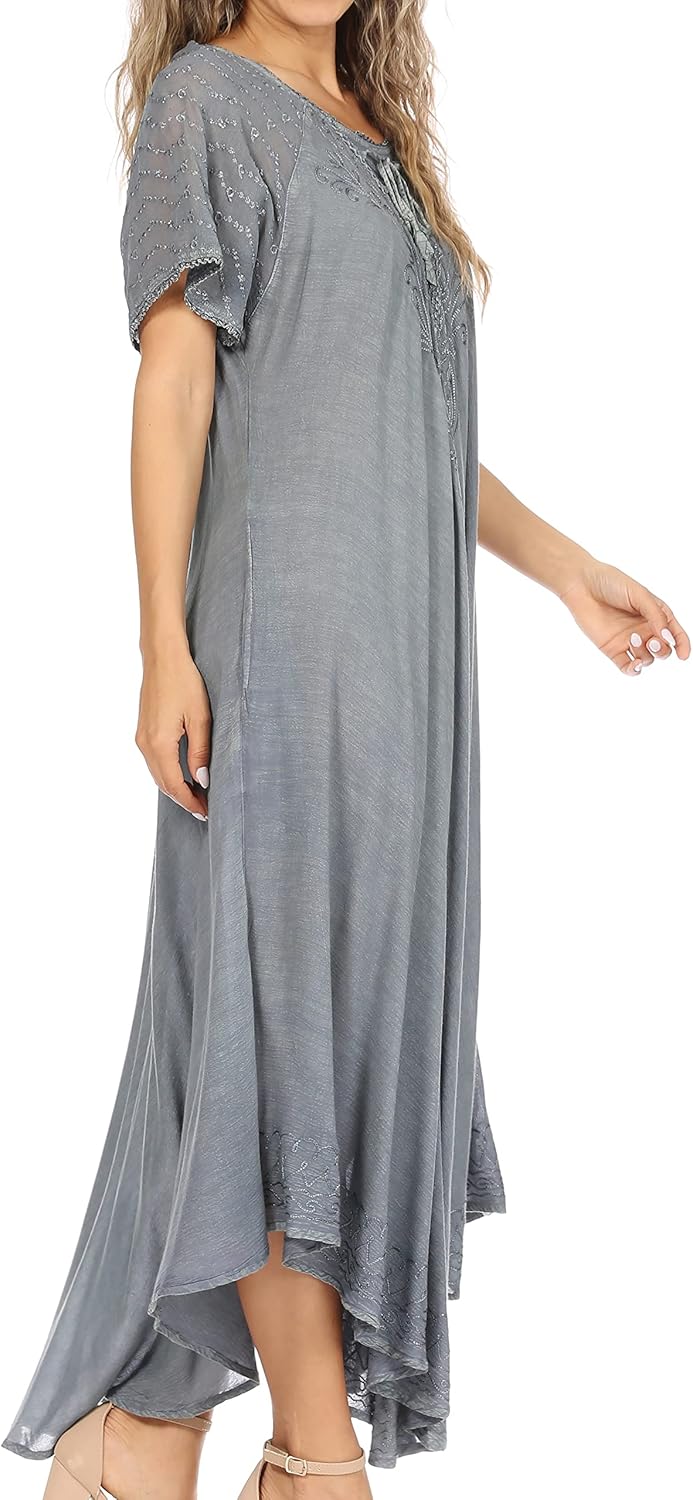Sakkas Egan Long Embroidered Caftan Dress/Cover Up with Embroidered Cap Sleeves - Image 4