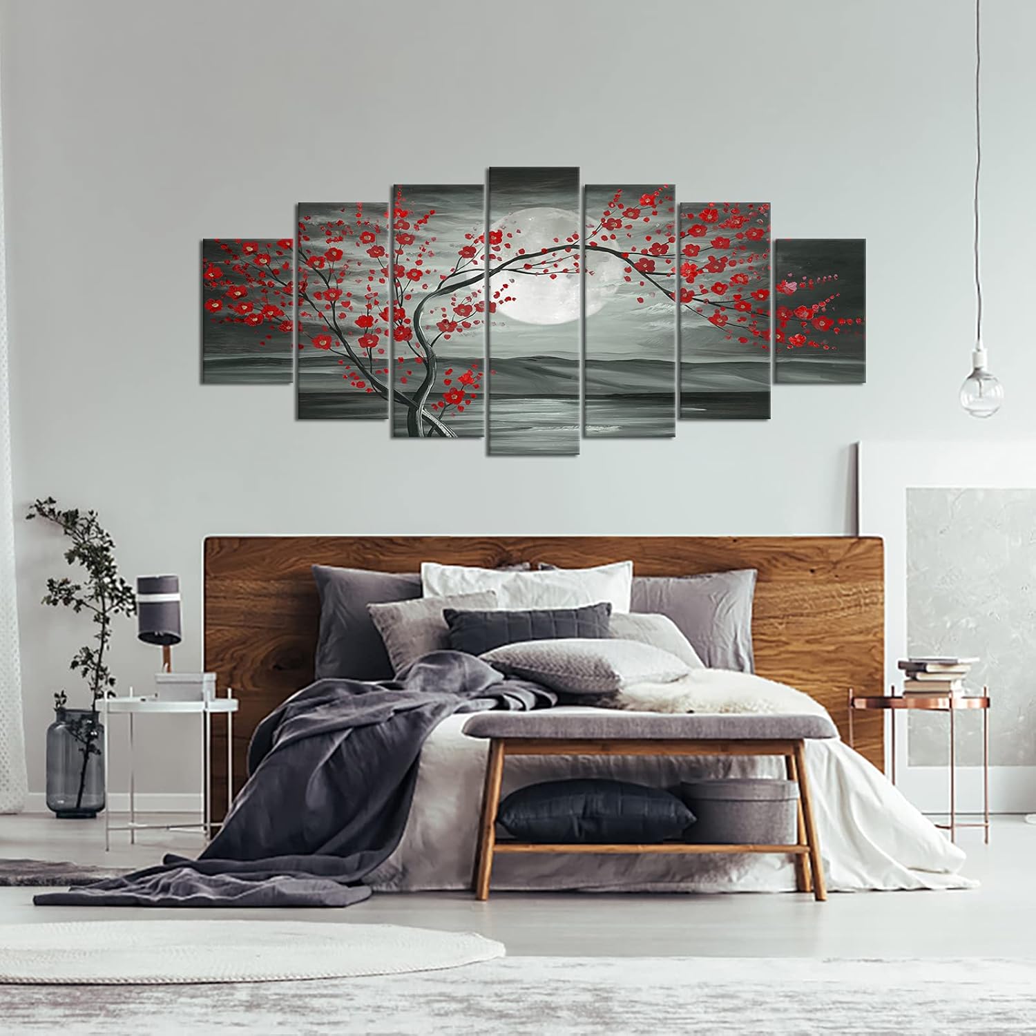 iKNOW FOTO 7 Multi Panel Canvas Wall Art Red Plum Blooming Tree with Full Moon Landscape Painting Artwork Flower Blossom Picture Prints on Canvas Office Living Room Home Decor