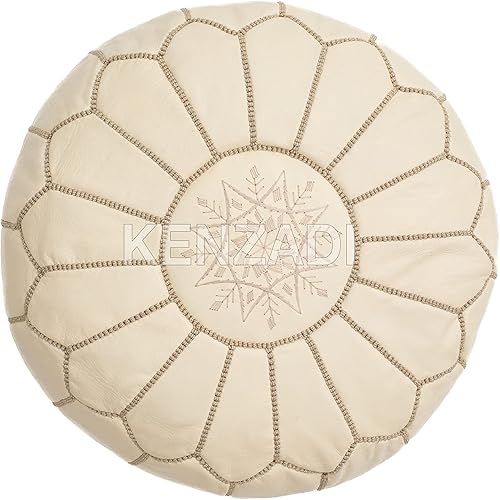 Miniatura 2 de KENZADI Puf de cuero genuino relleno hecho a mano cosido en Marrakech por artesanos marroquíes (blanco cremoso)