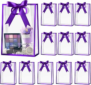 Meolvic 12 PCS Clear Plastic Gift Bags with Handles, Purple | Reusable Party Favor Bags with Ribbon, 10.2 x 7.1 x 3.1 Inch, for Halloween, Wedding, Birthday, Bachelorette Party