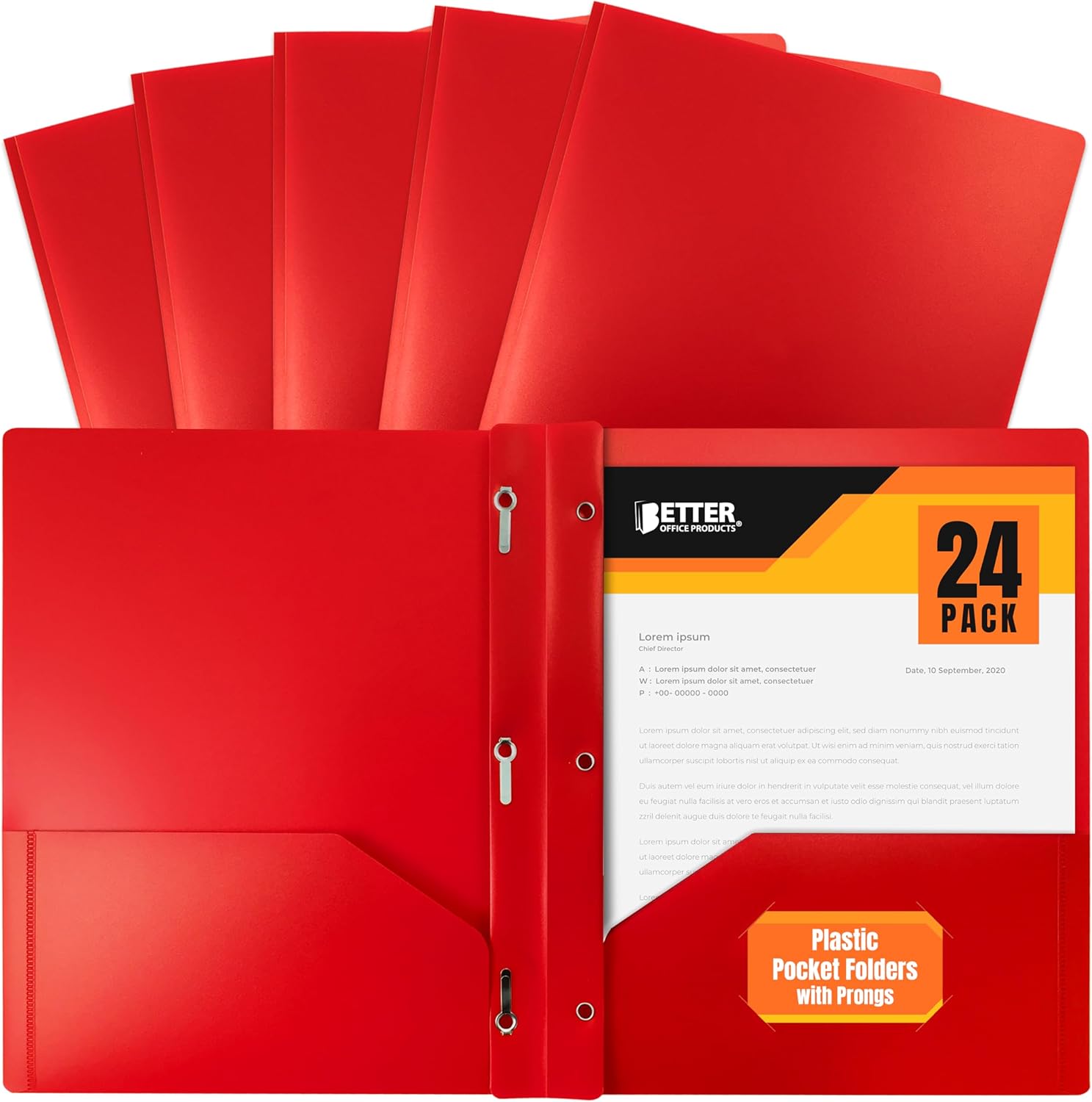 Better Office Products Red Plastic Folders with Pockets and Prongs, Letter Size, 24 Pack, Heavyweight Poly Prong Folders, Red Plastic with 3 Metal Fastener Clips