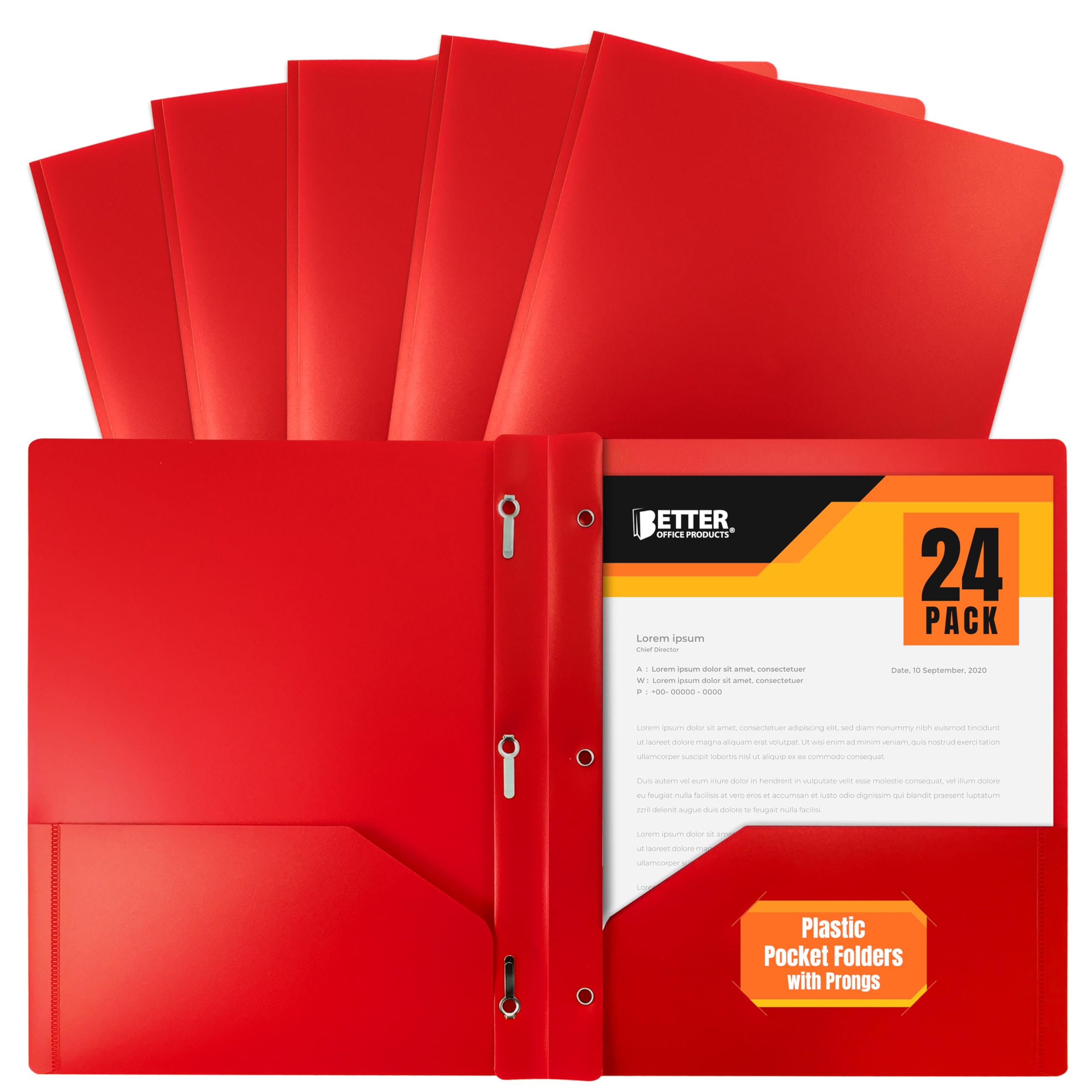 Better Office Products Red Plastic Folders with Pockets and Prongs, Letter Size, 24 Pack, Heavyweight Poly Prong Folders, Red Plastic with 3 Metal Fastener Clips