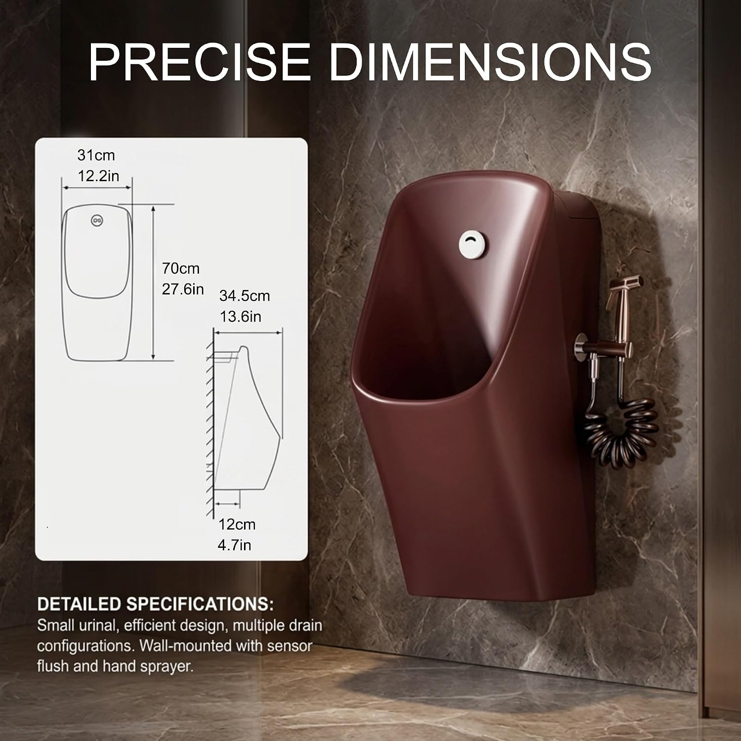 Wall-Mounted Ceramic Urinal Men's Adult Urinal, Equipped with a spray gun, Washout Urinal, urine diverter for Commercial Restrooms(White)