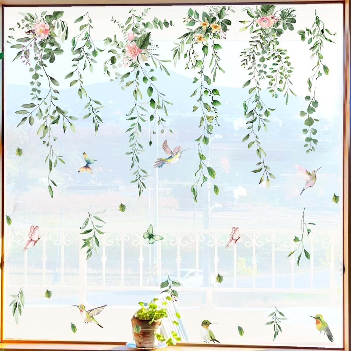 Large Cherry Blossom Tree Wall Stickers Spring Wall Decals Pink Flower Bird Butterflies Peel and Stick Wall Decor for Living Room Office Bedroom
