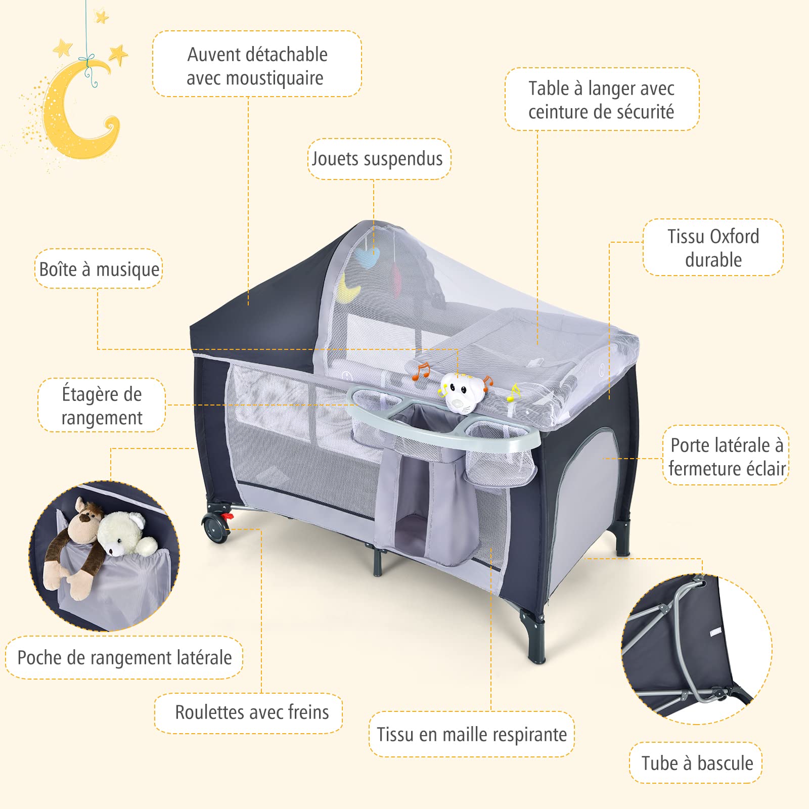 COSTWAY 4 en 1 Lit Parapluie, Parc pour Bébé avec Matelas, Moustiquaire, Entrée Latérale, Sac à Jouets, Boîte à Musique, Table à Langer, Facile à Plier, 0-36 Mois, 120 x 60 x 72 cm (Gris)