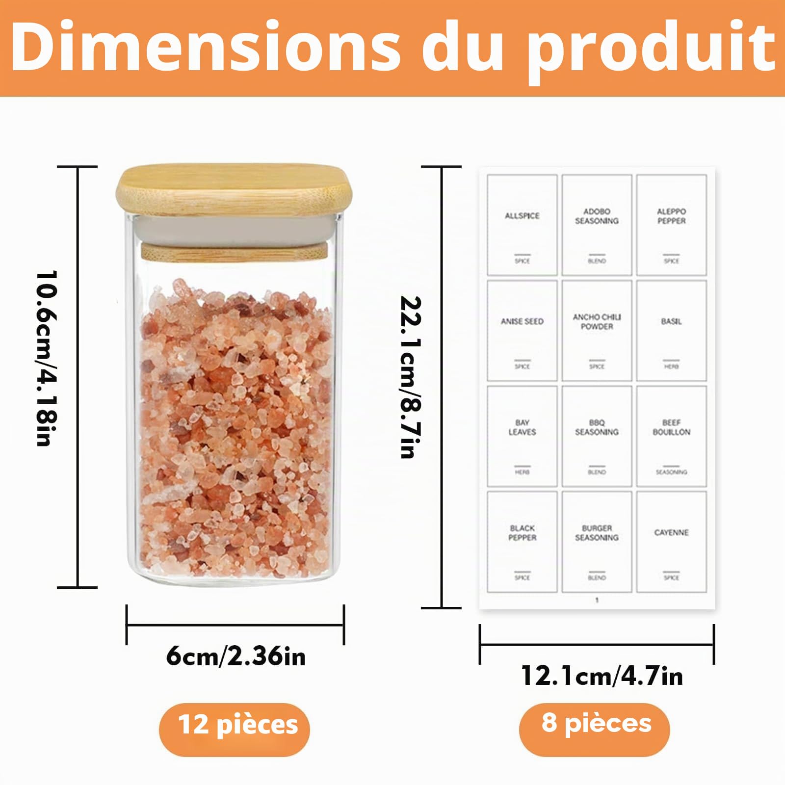 DYUEE Lot de 12 pots à épices en verre avec couvercles en bois, 250 ml - Bocaux de rangement carrés en verre avec étiquettes blanches et stylo - Récipient hermétique en verre pour épices, sel, sucre