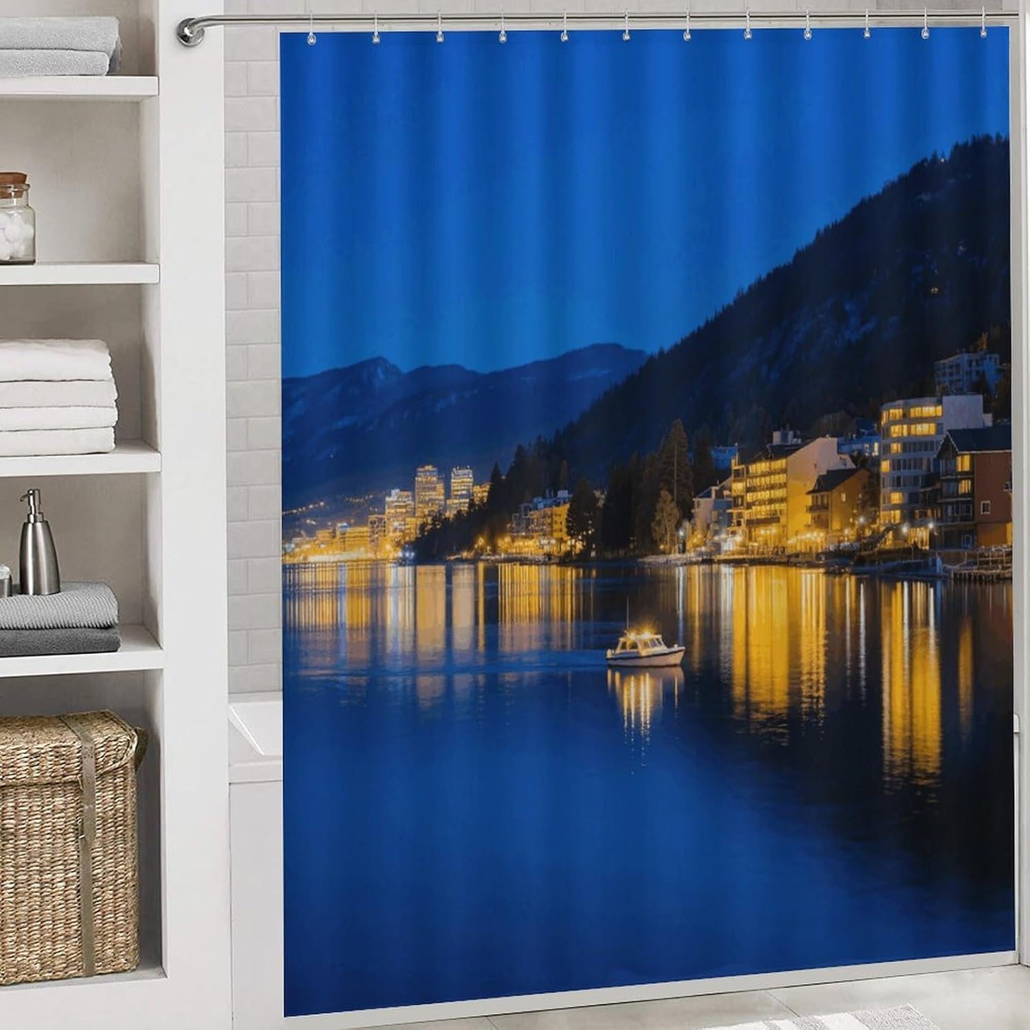 Blue Lake Tahoe Shower Curtain Set 4 Piece, Non-Slip Bath Mat with Toilet Lid Cover and Waterproof Shower Curtain with 12 Hooks, Complete Bathroom Set for Home Decor