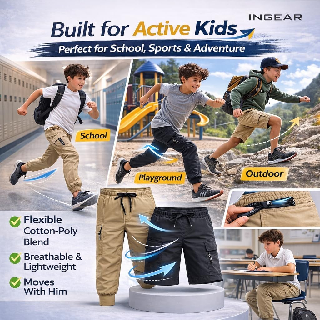 INGEAR Boys Cargo Jogger Pants, Elastic Waist, Zipper Pockets, Casual School Trousers - Image 7
