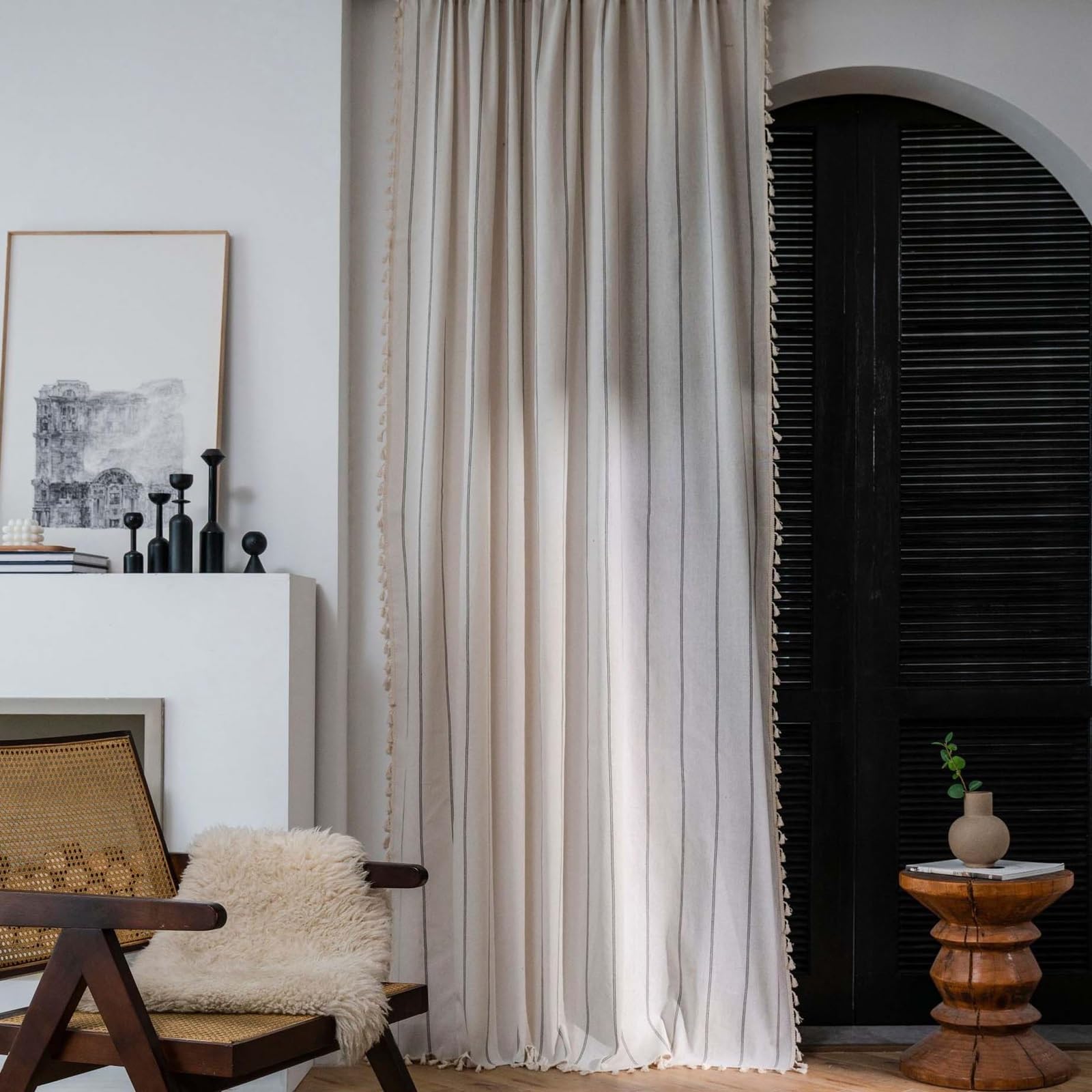 Rideaux en coton beige de qualité supérieure 300x160cm finitions pompons
