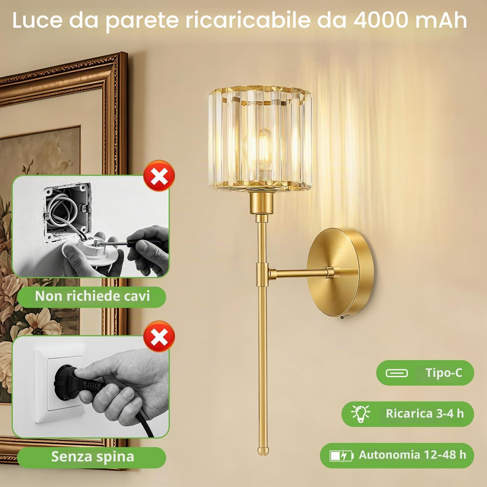 Kimjo Applique da Parete Interno LED, Dorata Lampada da Parete Ricaricabile | Applique Ricaricabile da Parete in Cristallo, 2 Pezzi Moderno Lampada da Parete Senza Fili, USB-C Dimmerabile Lampada da Muro