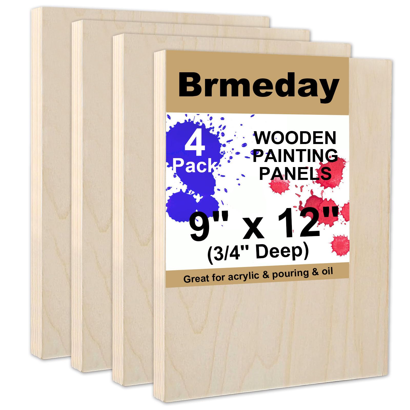 4Pack 25x30cm Birch Wood Panels, 3/4" Deep Unfinished, Mixed Media, DIY Art & Crafts