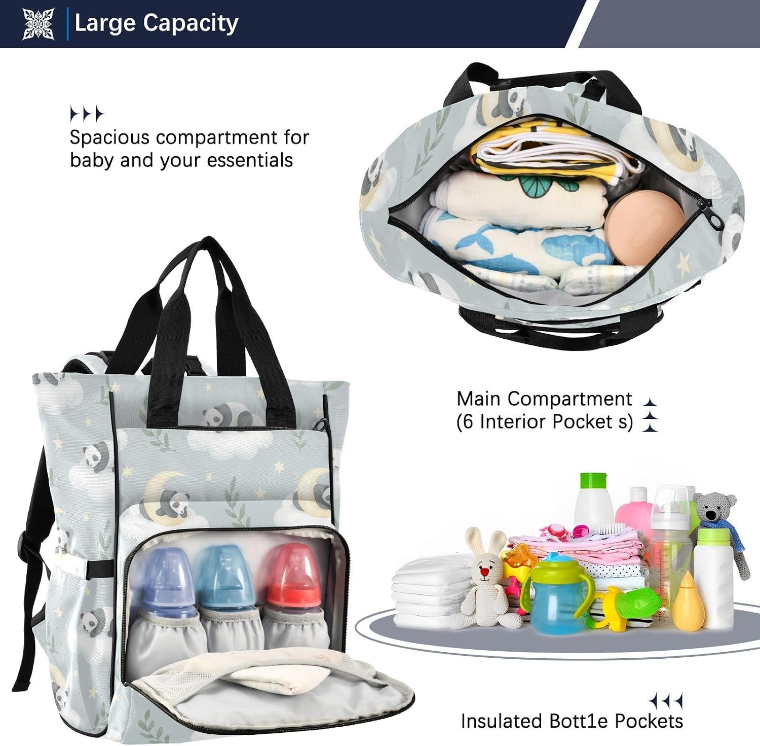 SPRIPORT Panda Cloud Leaves Gray Pattern Diaper Bag Backpack for Baby Boys Girls Travel Tote with Stroller Straps & Bottle Storage Maternity Baby Changing Bags for Moms Dads Traveling Shopping Hiking