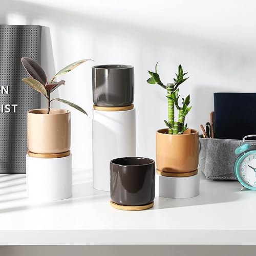 Miniatura 4 de Macetas cilíndricas de cerámica de 4 pulgadas con agujeros de drenaje y platillos, maceta pequeña esmaltada para plantas de interior, suculentas,