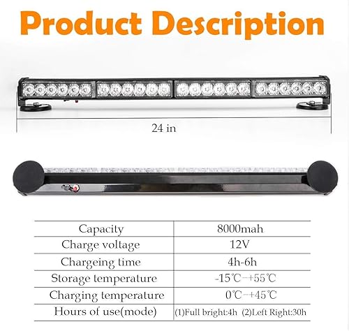 Miniatura 5 de LE-JX Barra de luz estroboscópica de advertencia LED con batería de litio ámbar/blanca de 24 pulgadas + barra de luz estroboscópica de emergencia