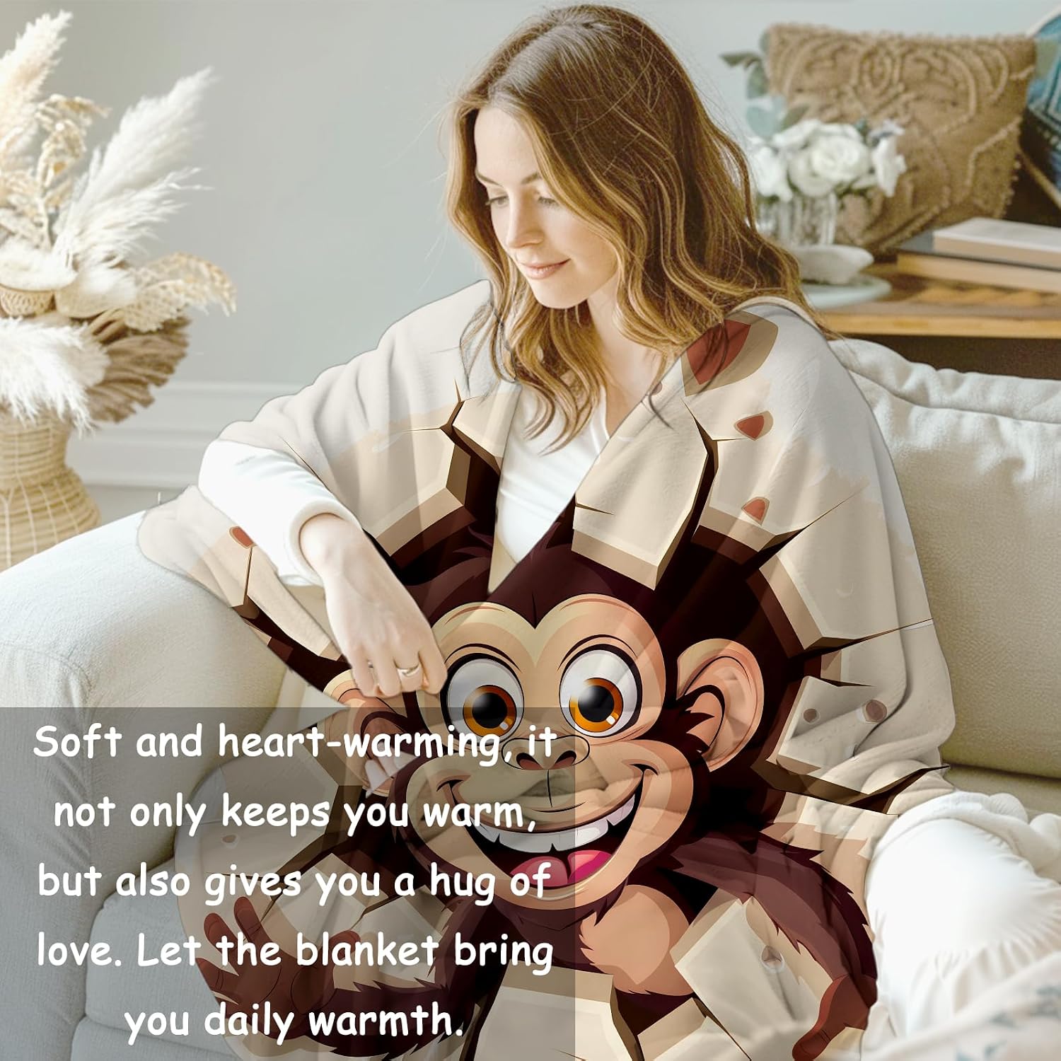 Playful Flannel Blanket, Cute Monkey Throw Blanket for Women, Soft Lightweight Monkey Blanket for Bed & Home Decor 50" x 60"
