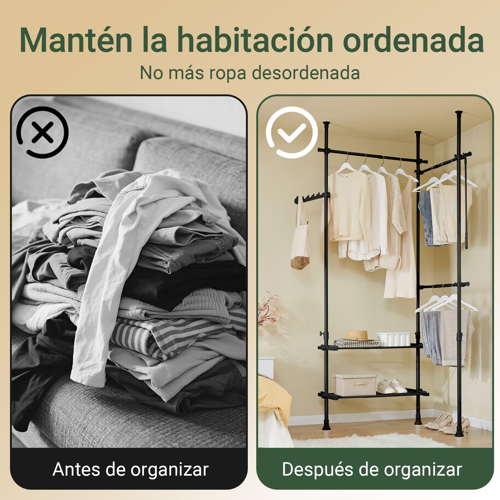 SoBuy barra telescópica perchero con estantes, dormitorio | Armario abierto ajustable para ropa, perchero resistente para vestidor y dormitorio, diseño negro, FRG34-II-SCH