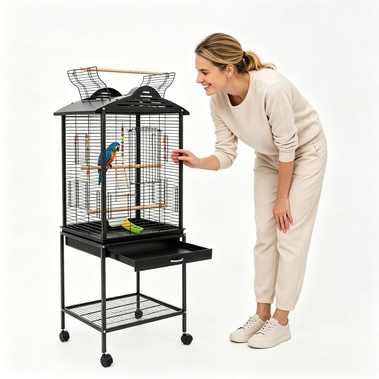 Vogelkäfig mit Rädern und Regal, Freistehender Vogelkäfig Wellensittich Papageienkäfig mit Fressnäpfe, 48 × 46 × 122cm（Schwarz）