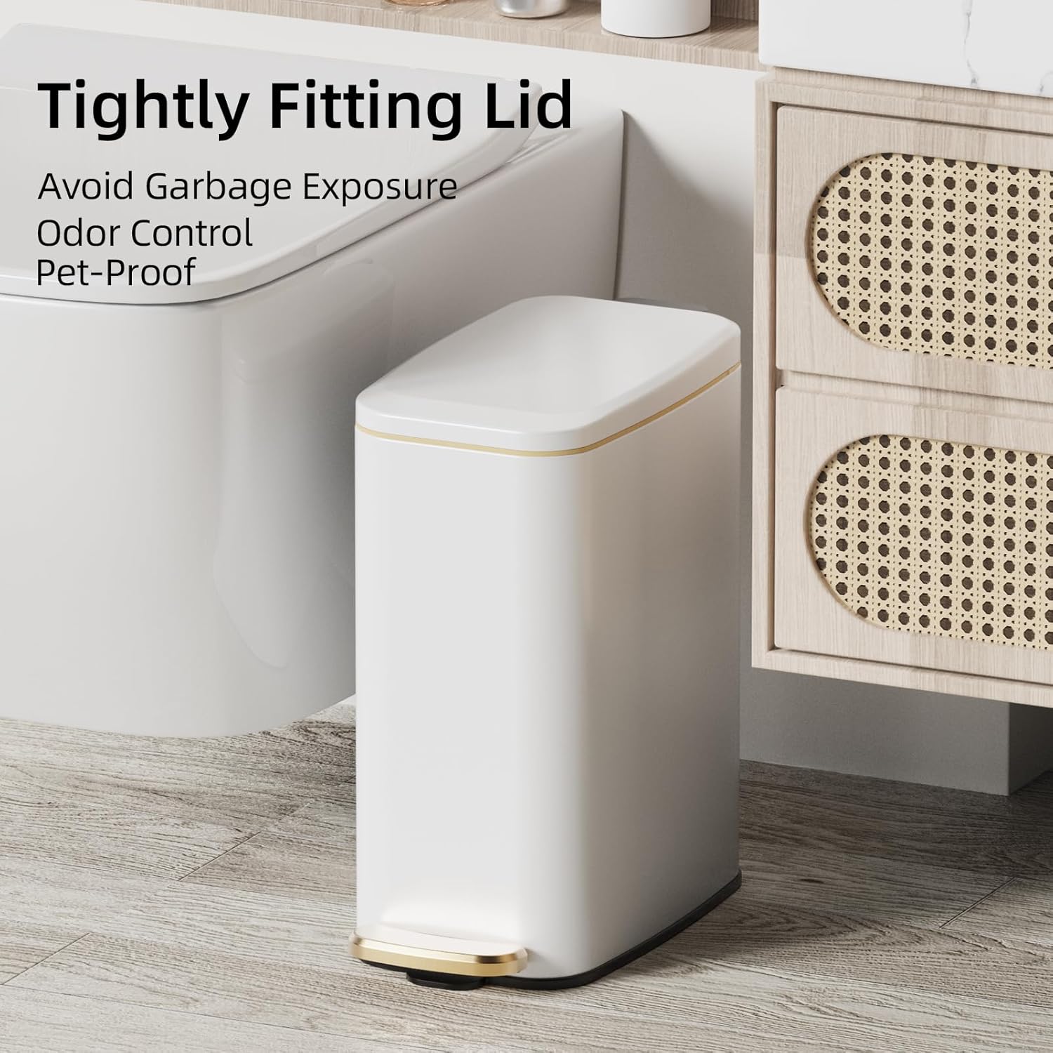 KUK Slim Bathroom Trash Can with Lid, 1.6 Gal / 6L Stainless Steel Small Garbage Bin with Detachable Inner Bucket, Step Pedal, Silent Close, Wastebasket for Toilet, Bedroom, Home, Office (White) Matt White