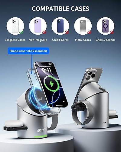Miniatura 4 de Acer Estación de carga S2 3 en 1 para Apple  Estación de carga inalámbrica Qi2 de 15 W para iPhone, soporte de cargador Magsafe para iPhone 17, 16,