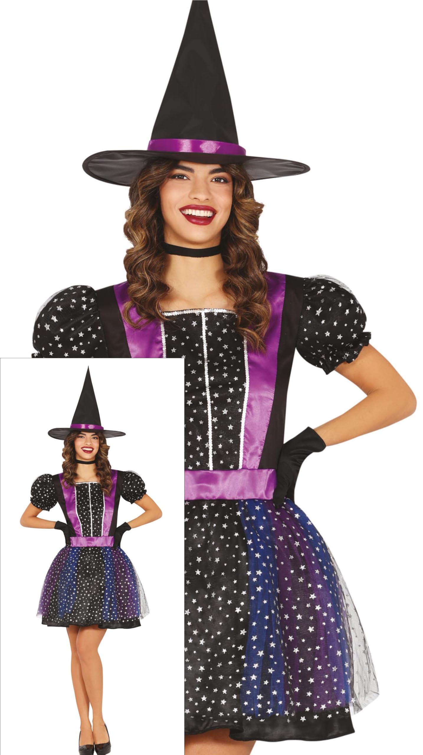 FIESTAS GUIRCA Star Sparkle Purple Witch Women Fancy Dress Costume - Including Witch Hat - Halloween Costumes for Women Size S