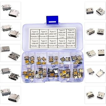 Type-C 3.1 PCB Mount Connector Assortment Kit, Type-C USB 3.1 Charging Dock Connectors 6Pin/16Pin/24Pin Female Jack Fast Charging Socket Mini USB Jack Socket Connector DIY Kit Type-C